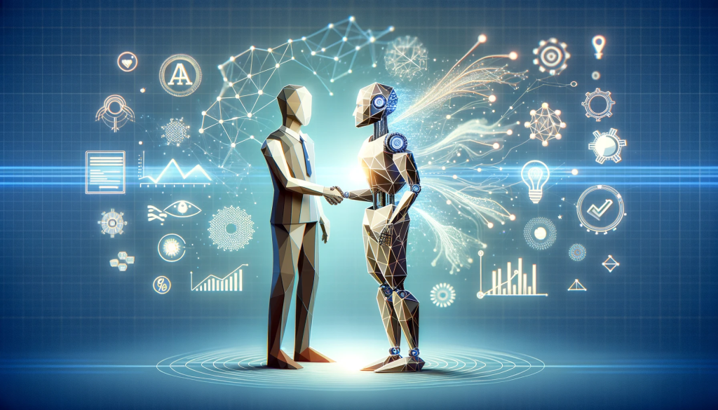 low poly art image representing the innovative fusion of generative ai and marketing strategies. the image depicts a humanoid robot shak 1024x585